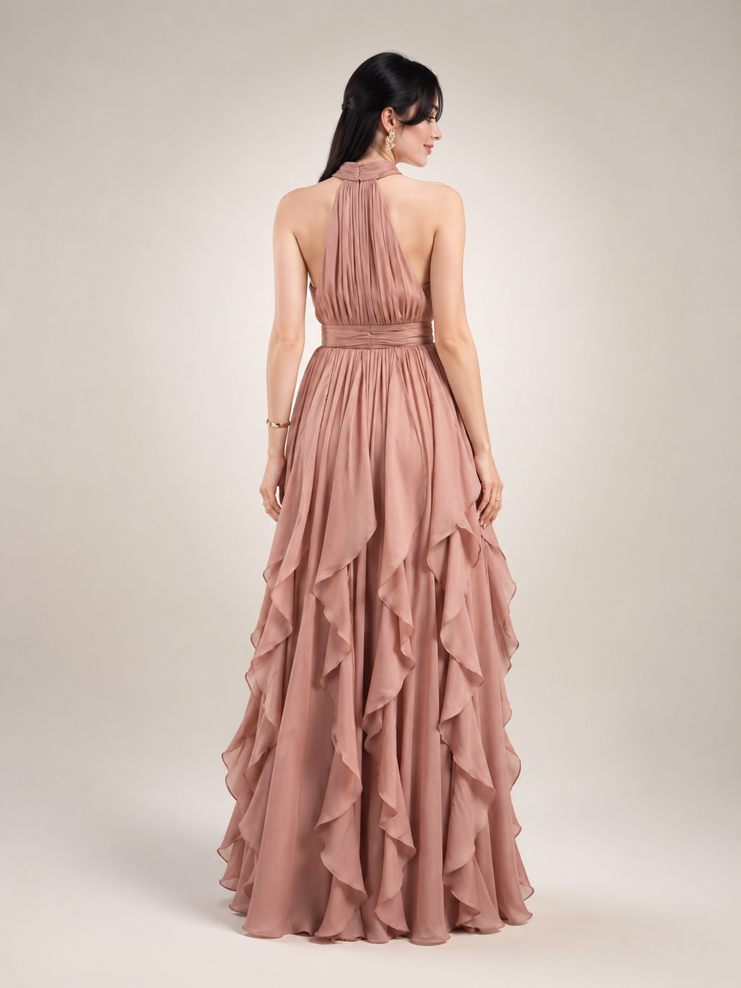 Séraphine — Robe longue à col licou et volants cascade