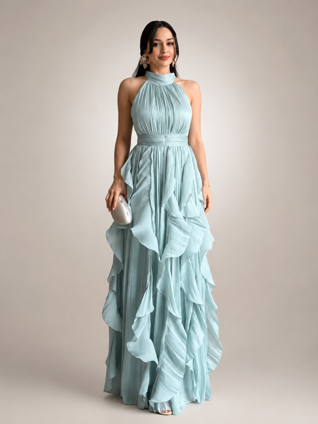 Séraphine — Robe longue à col licou et volants cascade, coloris Vert d'eau