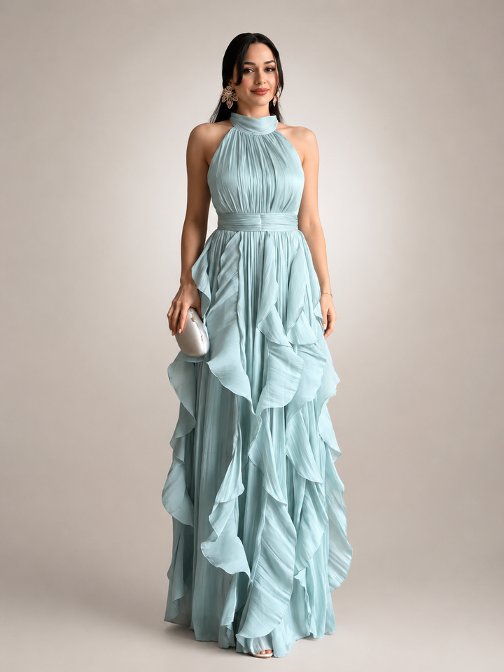 Séraphine — Robe longue à col licou et volants cascade, coloris Vert d&