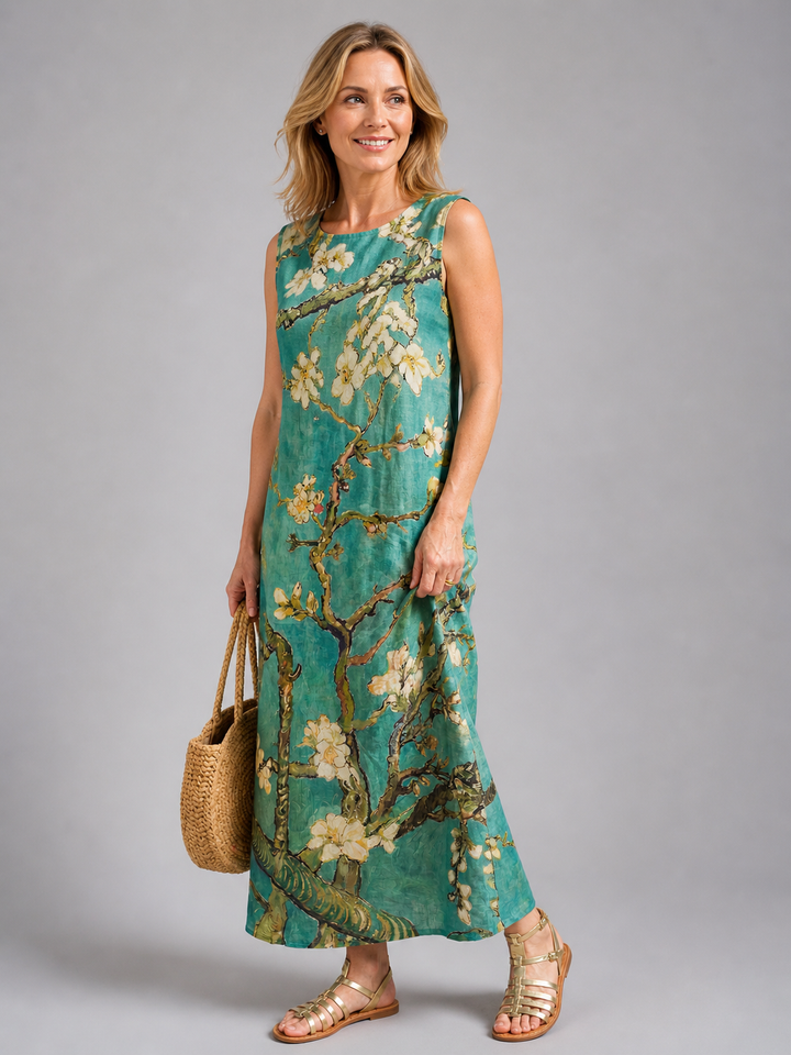 Zélie — Robe longue sans manches à branches fleuries, coloris Turquoise