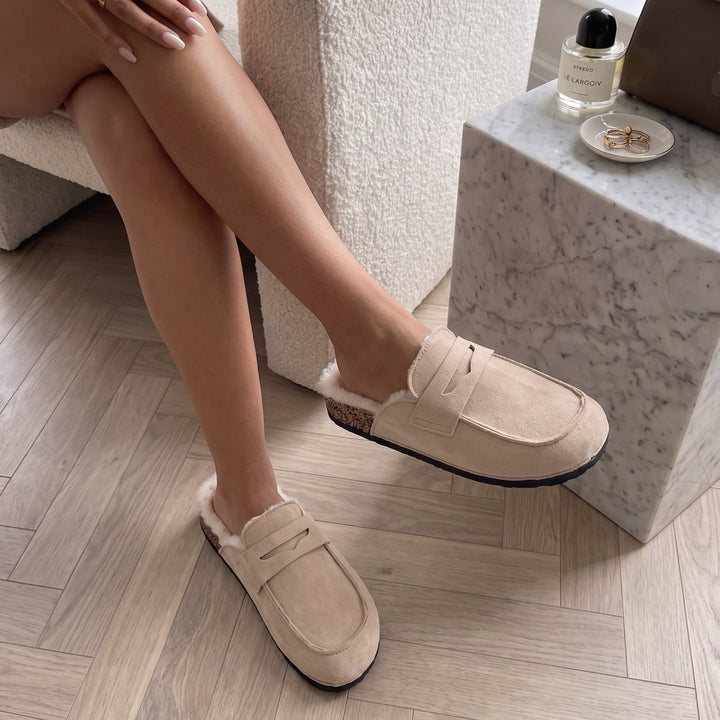 Joëlle | Mules en daim fourrées beiges