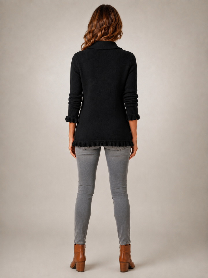 Camille | Veste noire en maille côtelée à volants