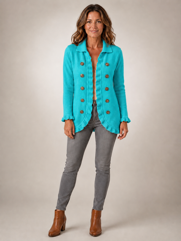 Maribel | Veste turquoise en maille côtelée à volants