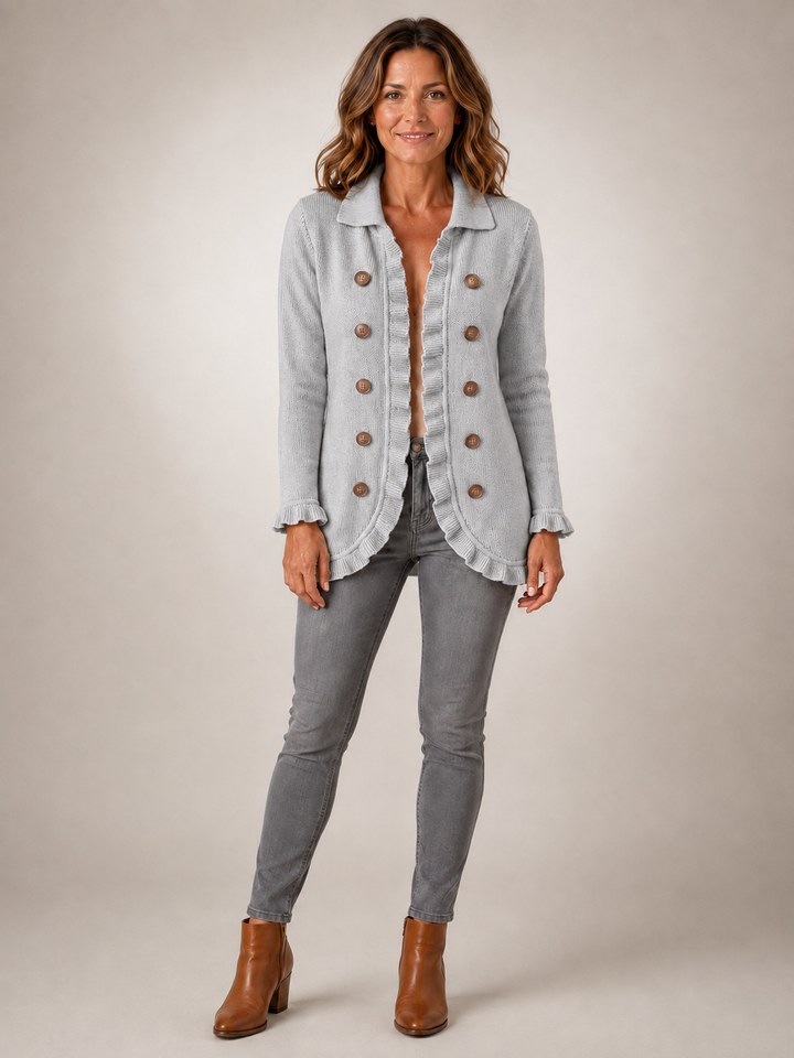 Elowen | Veste gris chiné en maille côtelée à volants