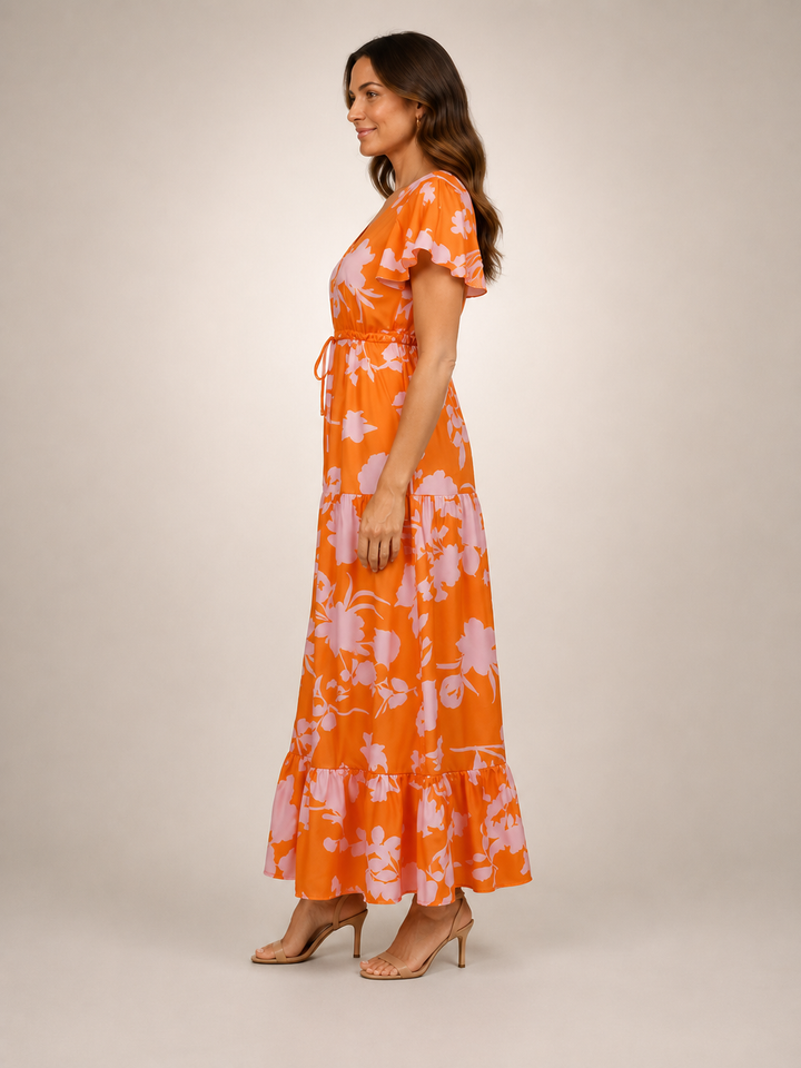 Dorothée — Robe longue à col V et volants