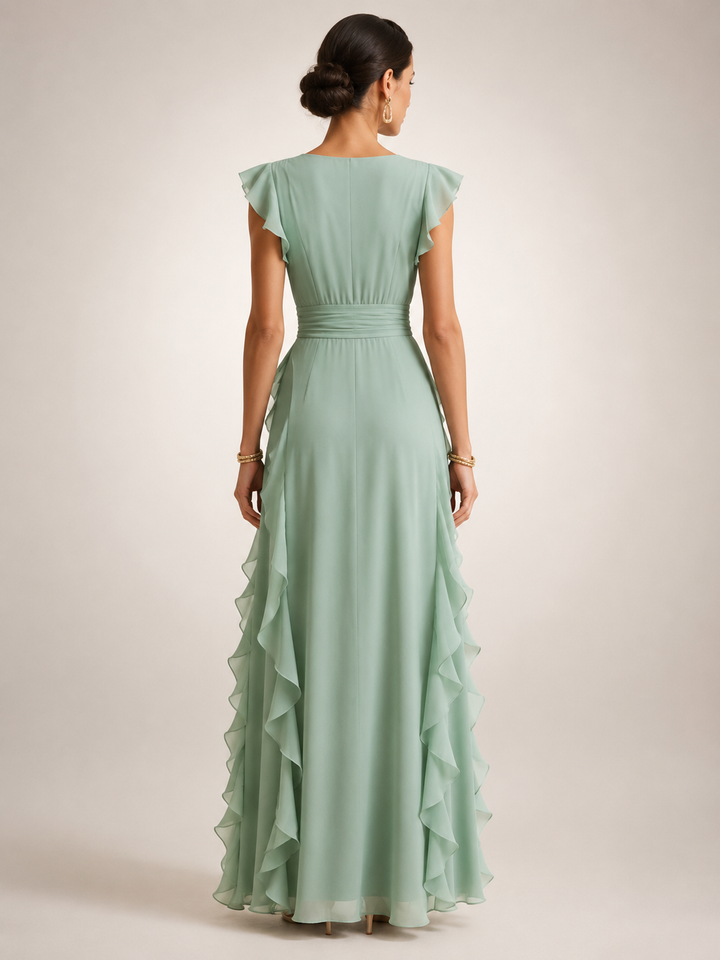 Ghislaine — Robe longue à volant cascade et col V