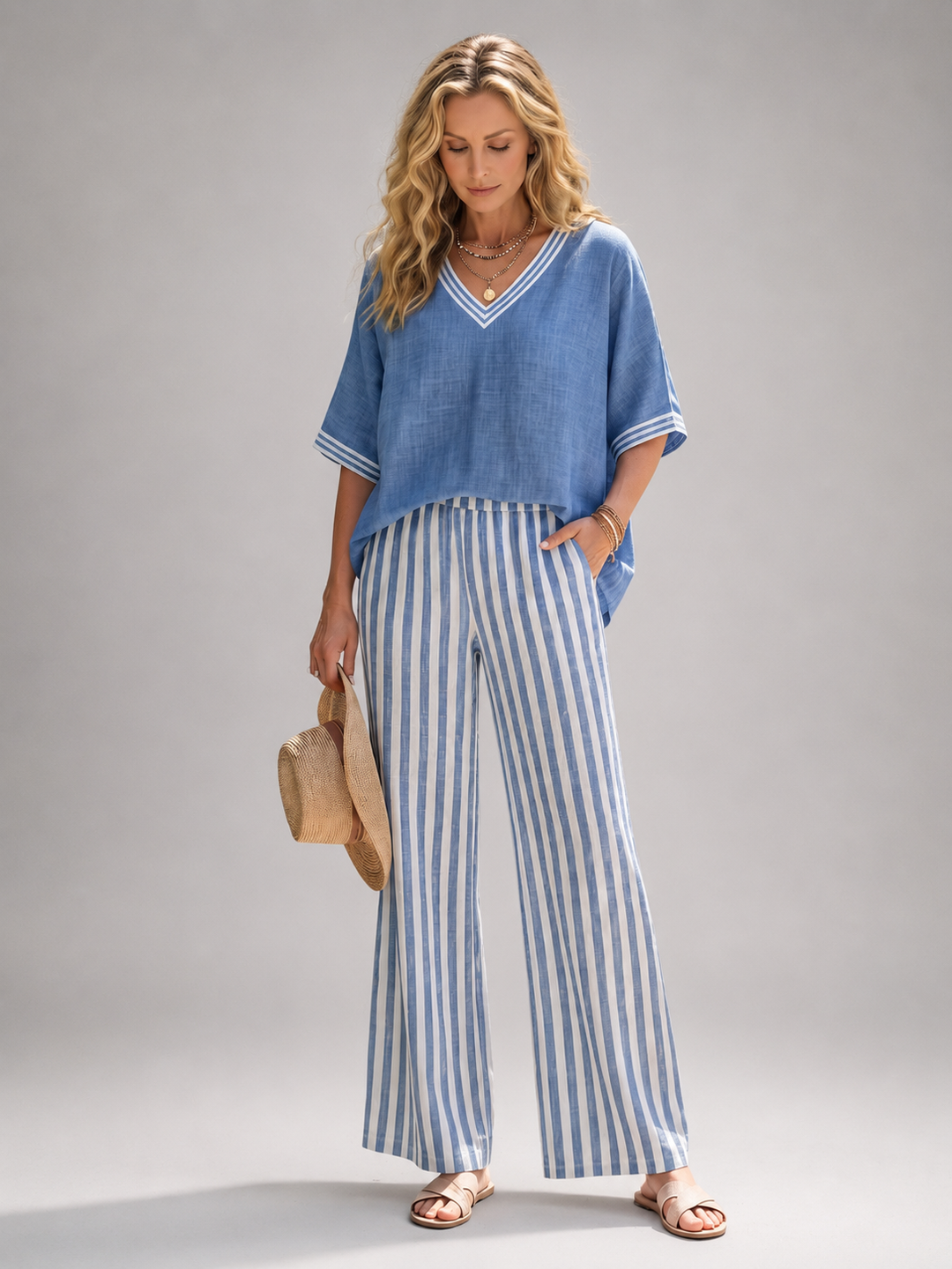 Femme portant un ensemble deux pièces avec tunique col V et pantalon large à rayures, coloris bleu