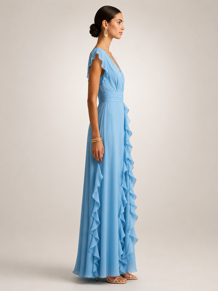 Ghislaine — Robe longue à volant cascade et col V
