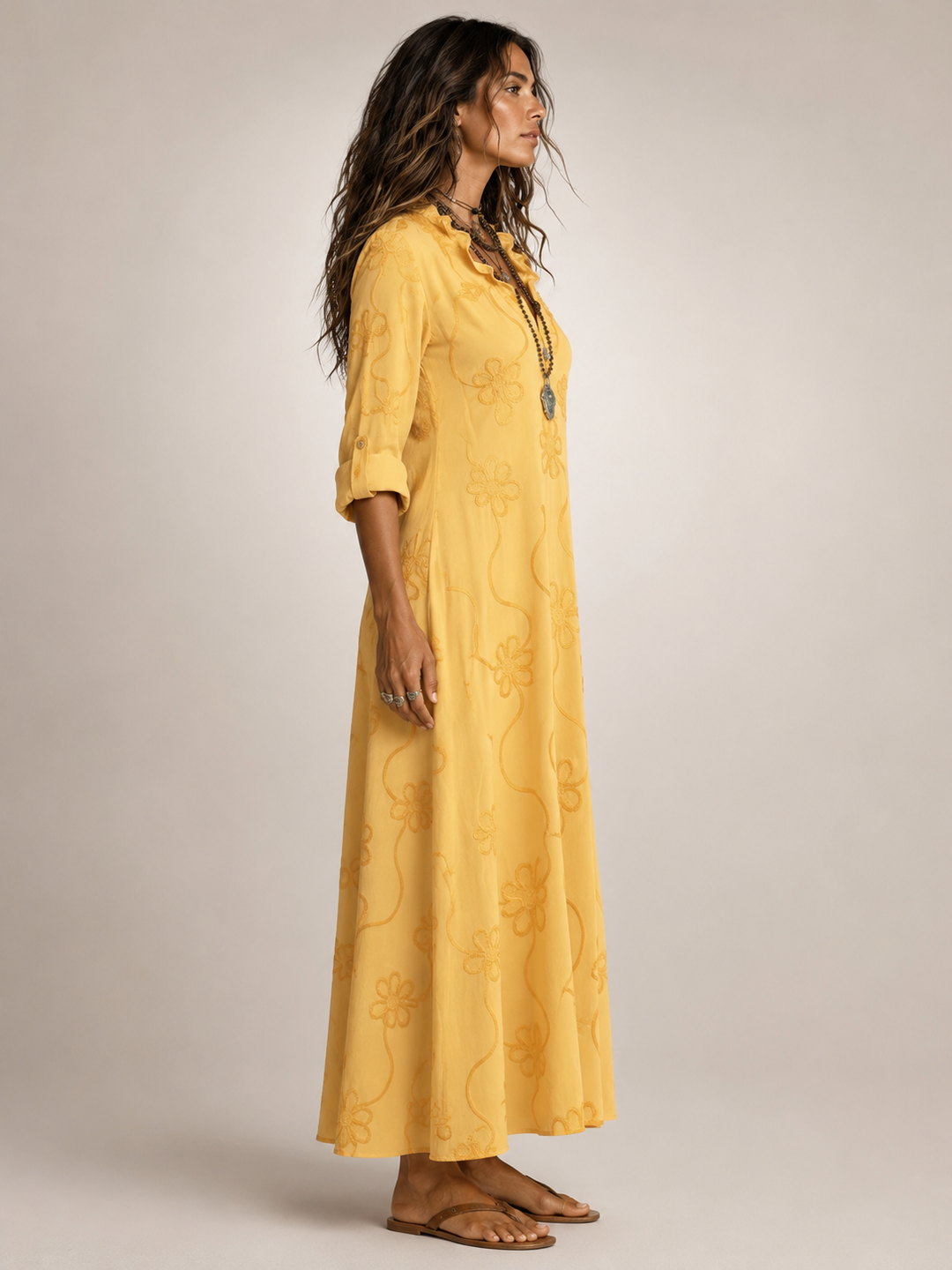 Maëlle — Robe longue chemise à fleurs brodées