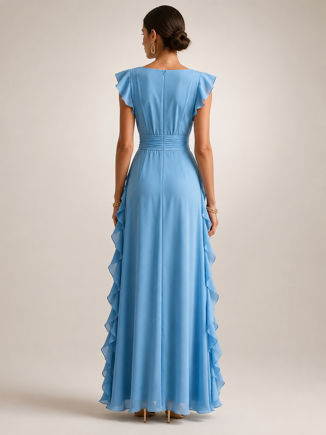 Ghislaine — Robe longue à volant cascade et col V