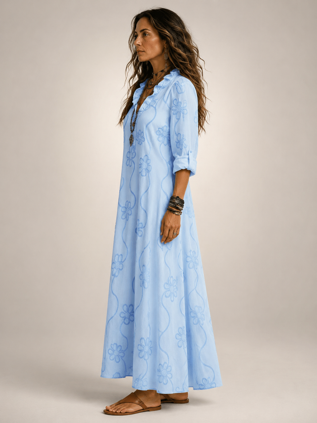 Maëlle — Robe longue chemise à fleurs brodées