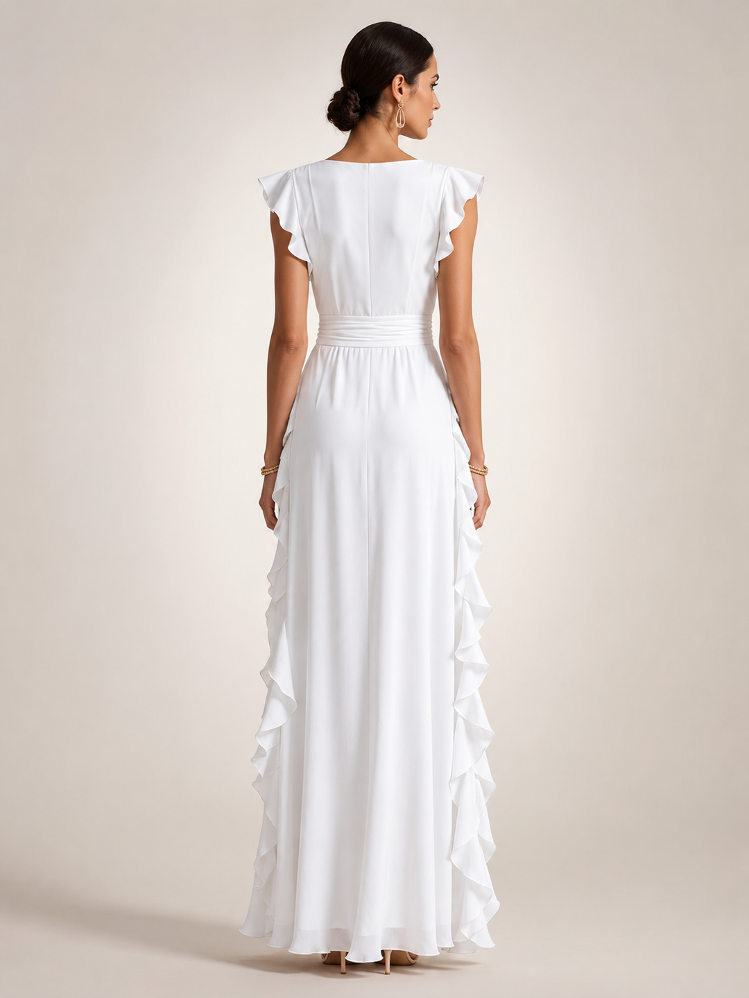 Ghislaine — Robe longue à volant cascade et col V