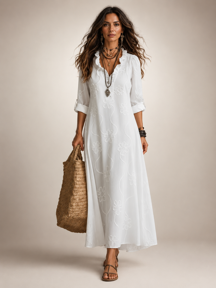 Maëlle — Robe longue chemise à fleurs brodées, coloris Blanc