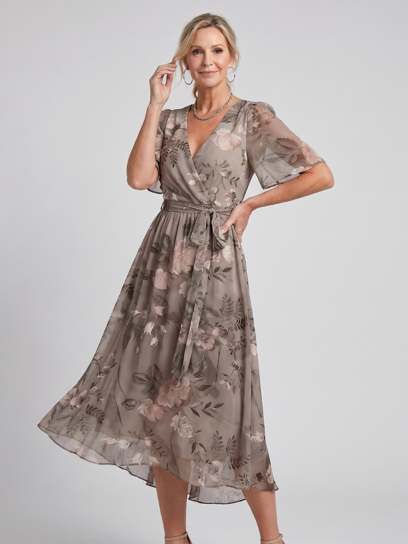 Flavie — Robe midi fleurie à manches papillon, coloris Taupe fleuri