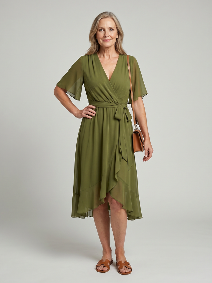 Léane — Robe midi portefeuille à ceinture, coloris Vert olive