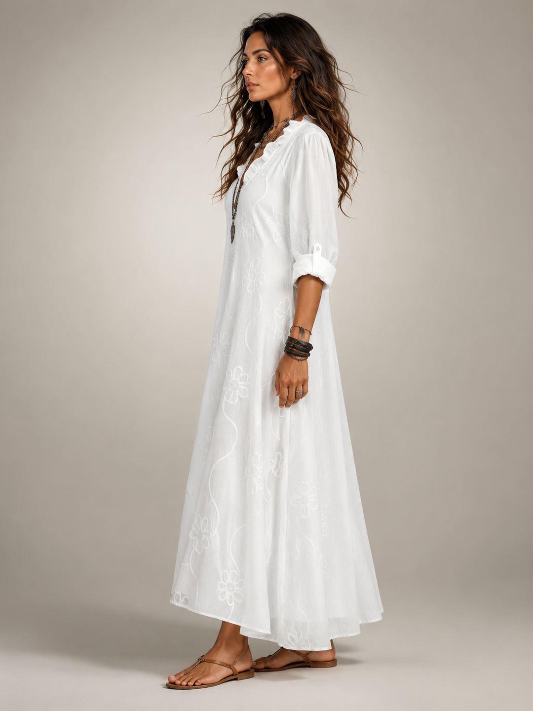 Maëlle — Robe longue chemise à fleurs brodées