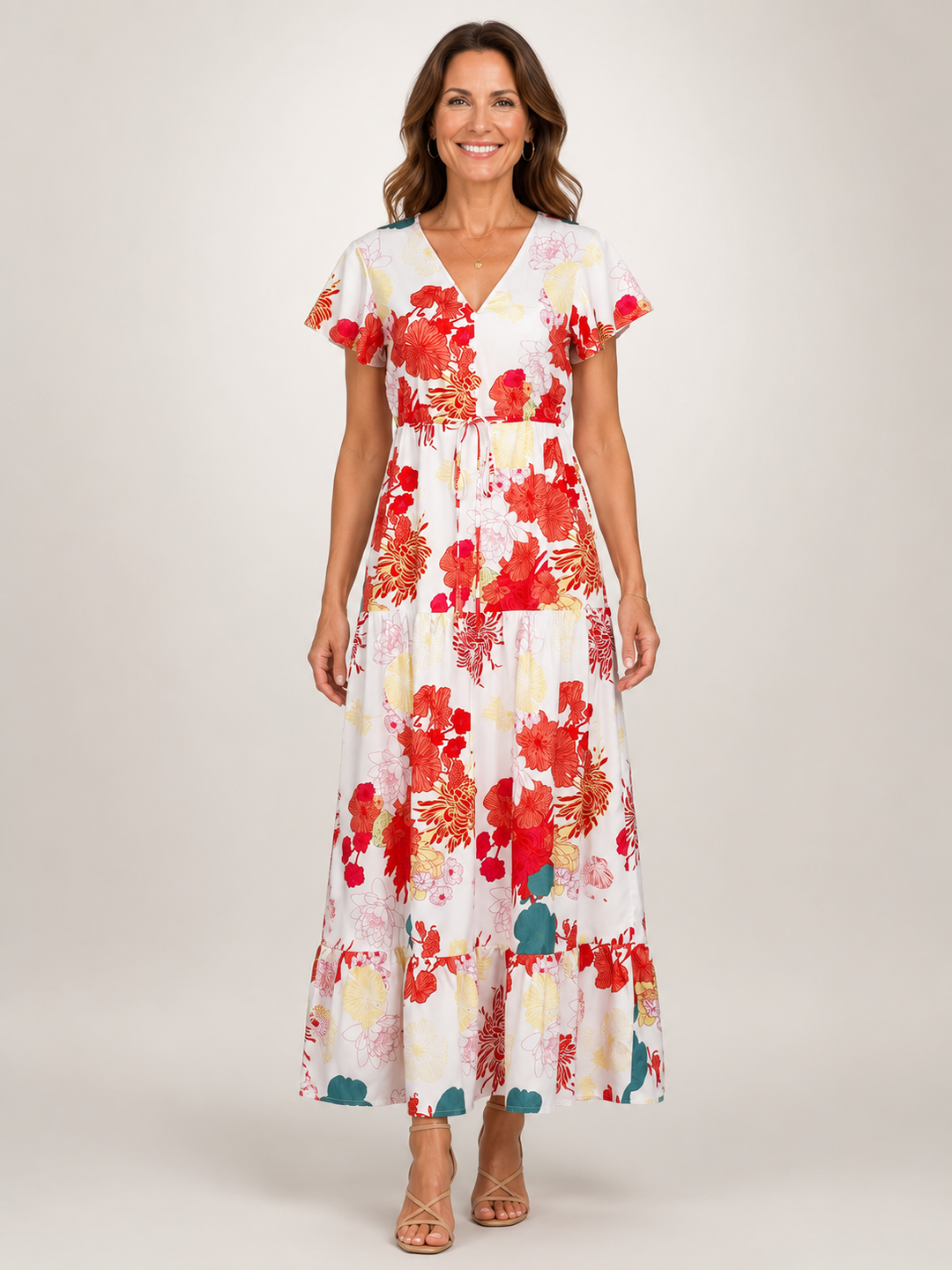 Dorothée — Robe longue à col V et volants, coloris Blanc à fleurs rouges
