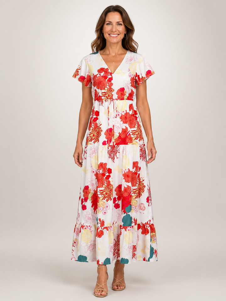 Dorothée — Robe longue à col V et volants, coloris Blanc à fleurs rouges