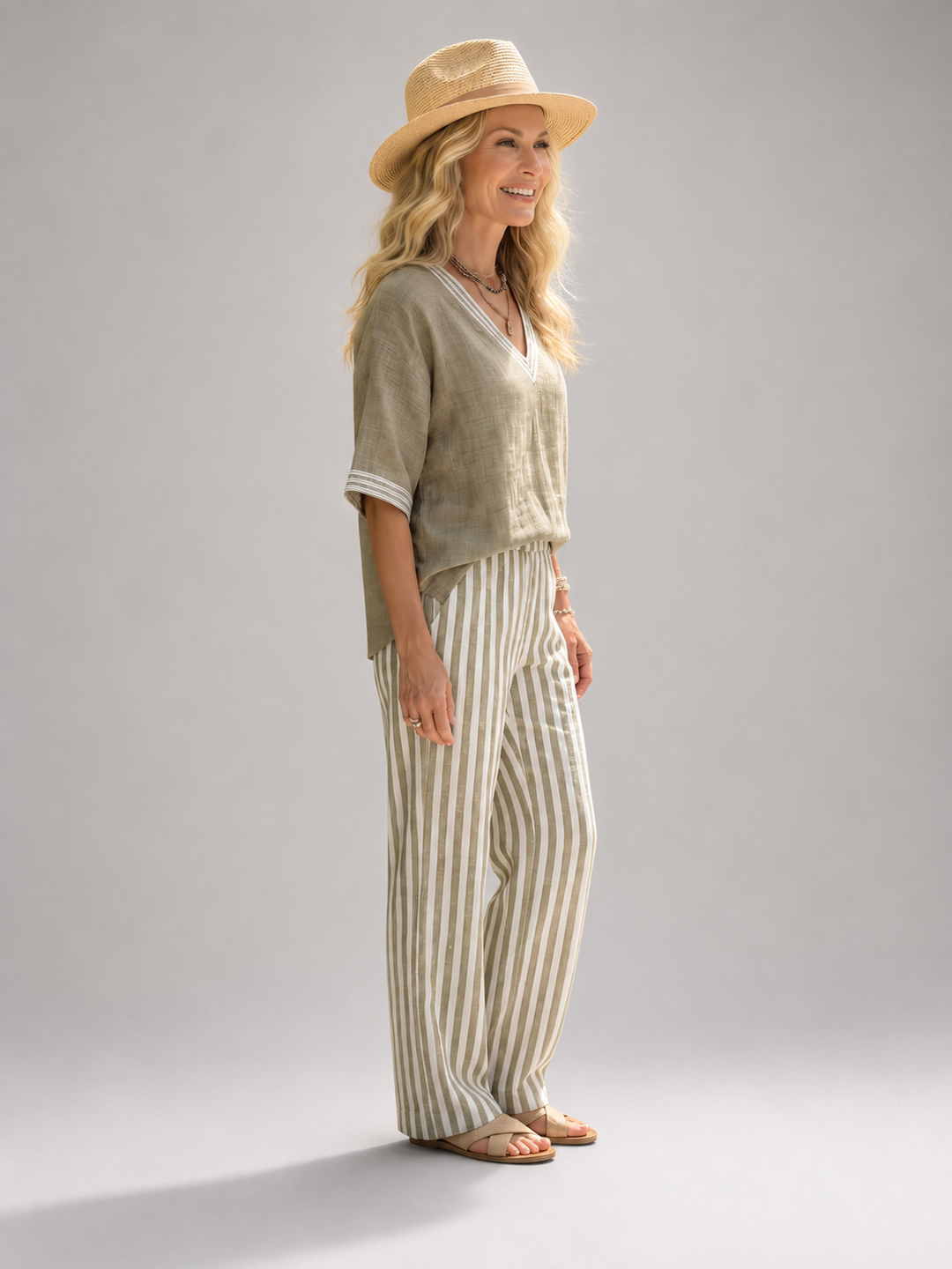 Femme portant un ensemble deux pièces avec tunique col V et pantalon large à rayures, coloris vert sauge