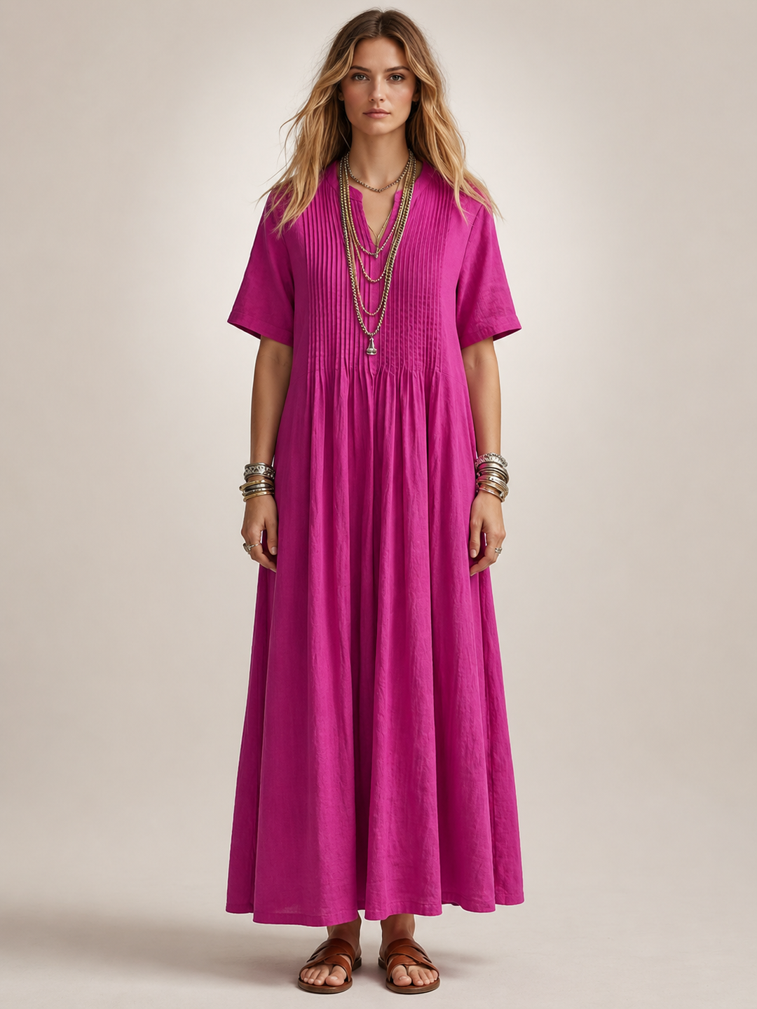 Améline — Robe longue plissée, coloris Rose