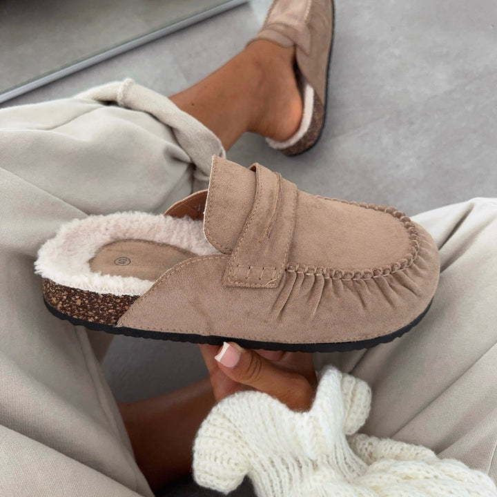 Aurore | Mules fourrées beiges façon mocassin