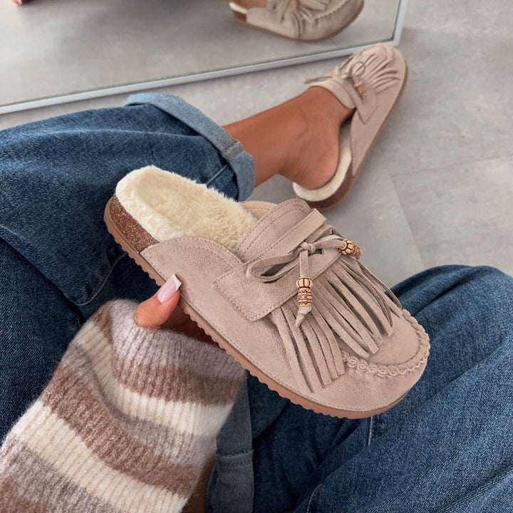 Renée | Mules fourrées beiges à franges