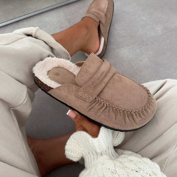 Aurore | Mules fourrées beiges façon mocassin