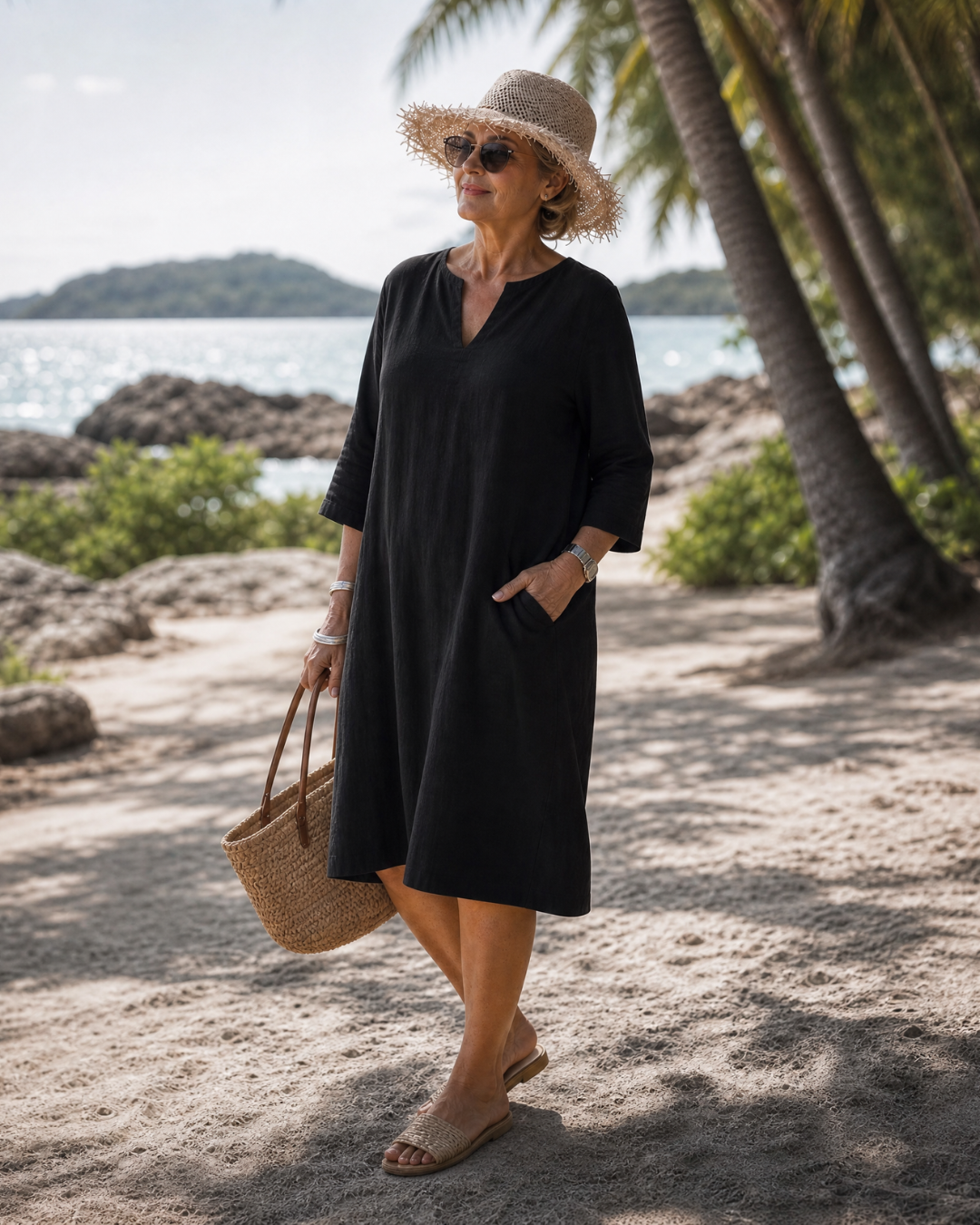 Cléo — Robe courte à col V et manches 3/4, coloris Noir
