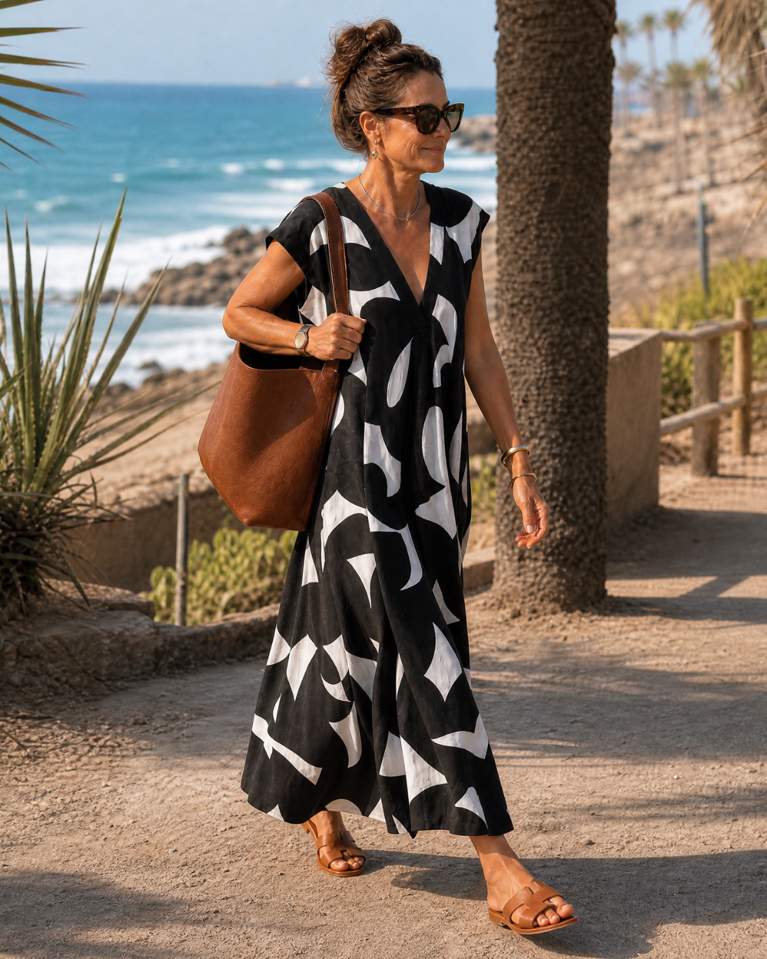 Ondine — Robe longue à imprimé graphique, coloris Noir et blanc