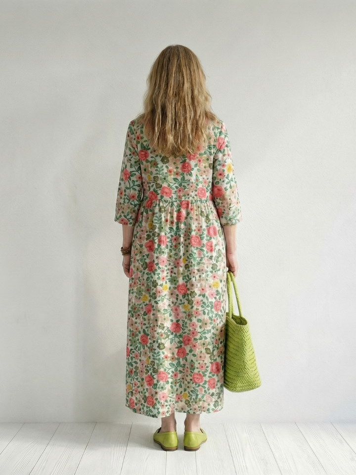 Valentine — Robe longue fleurie à taille froncée