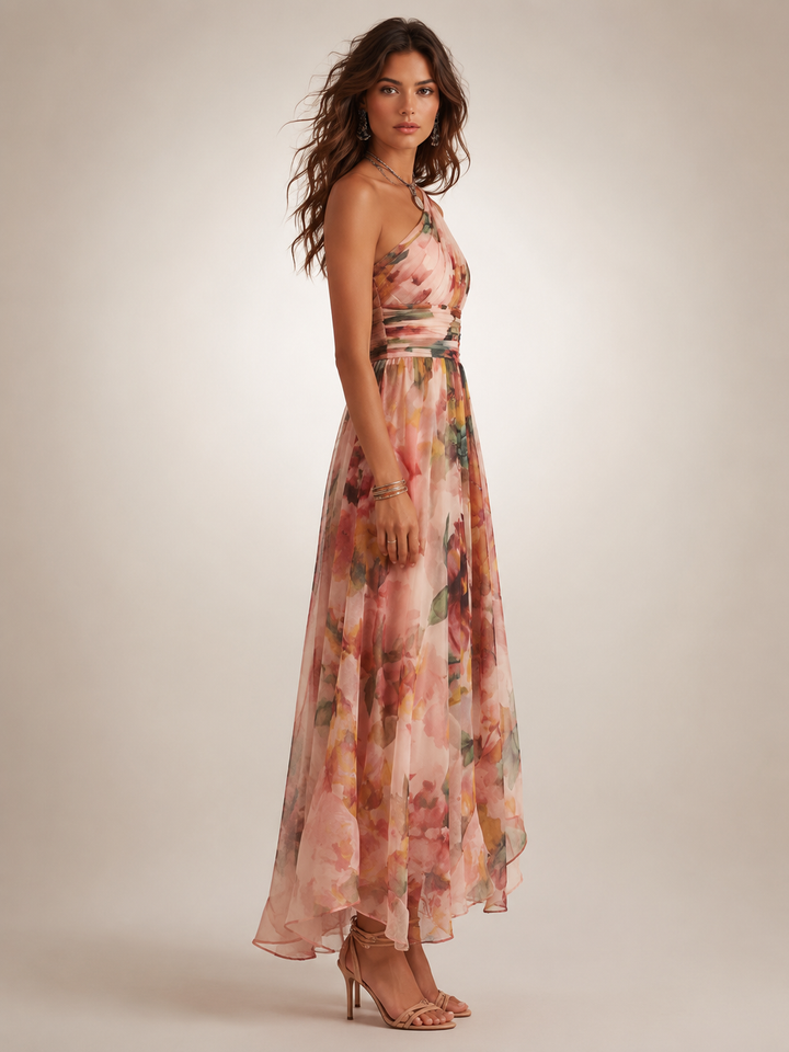 Édith — Robe longue asymétrique à imprimé fleuri