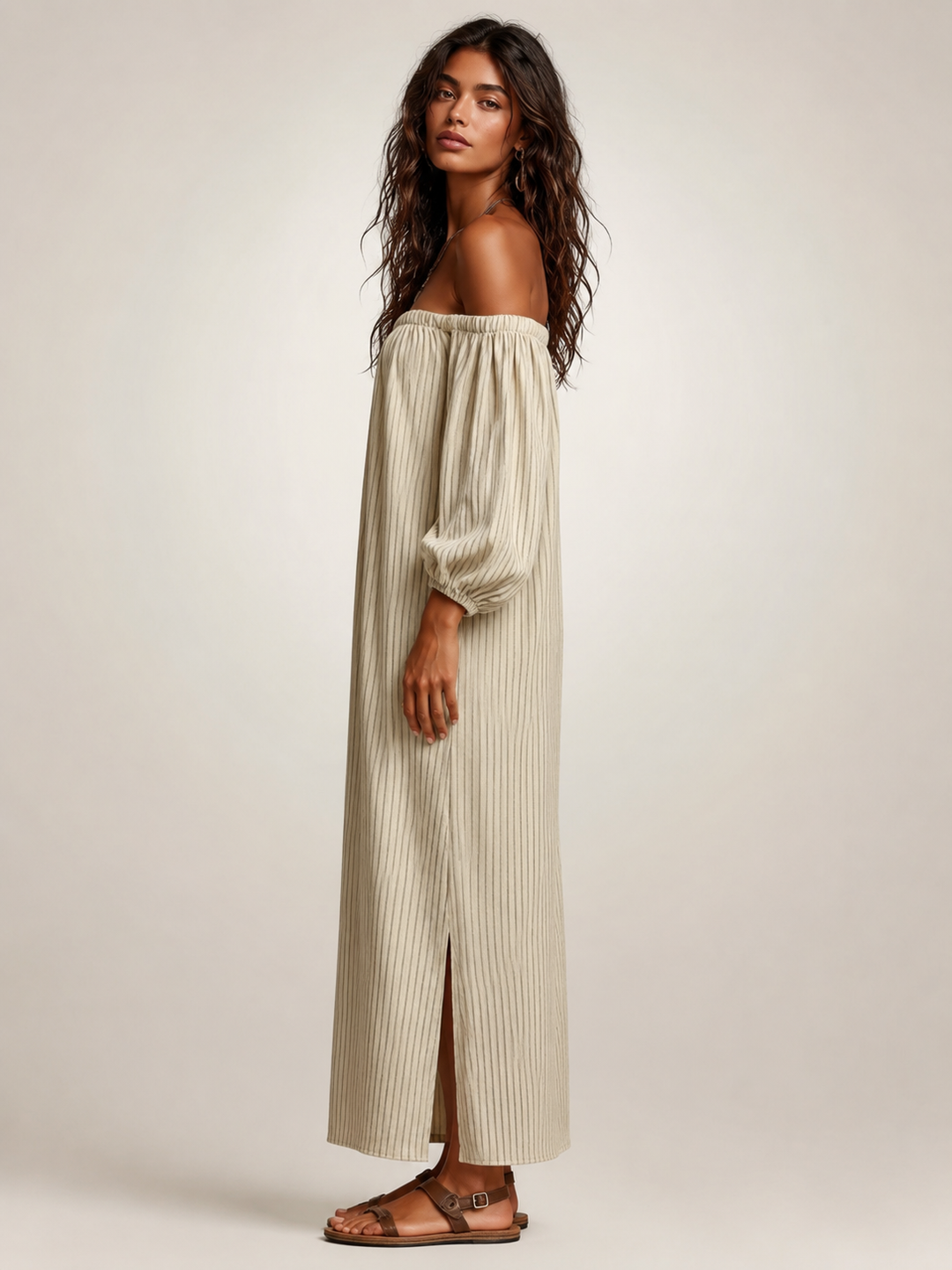Sixtine — Robe longue épaules dénudées à rayures