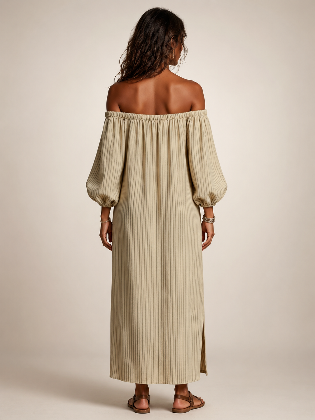 Sixtine — Robe longue épaules dénudées à rayures