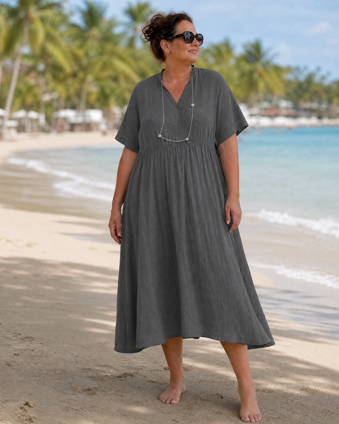 Maïlys — Robe longue à col V et taille froncée, coloris Gris anthracite