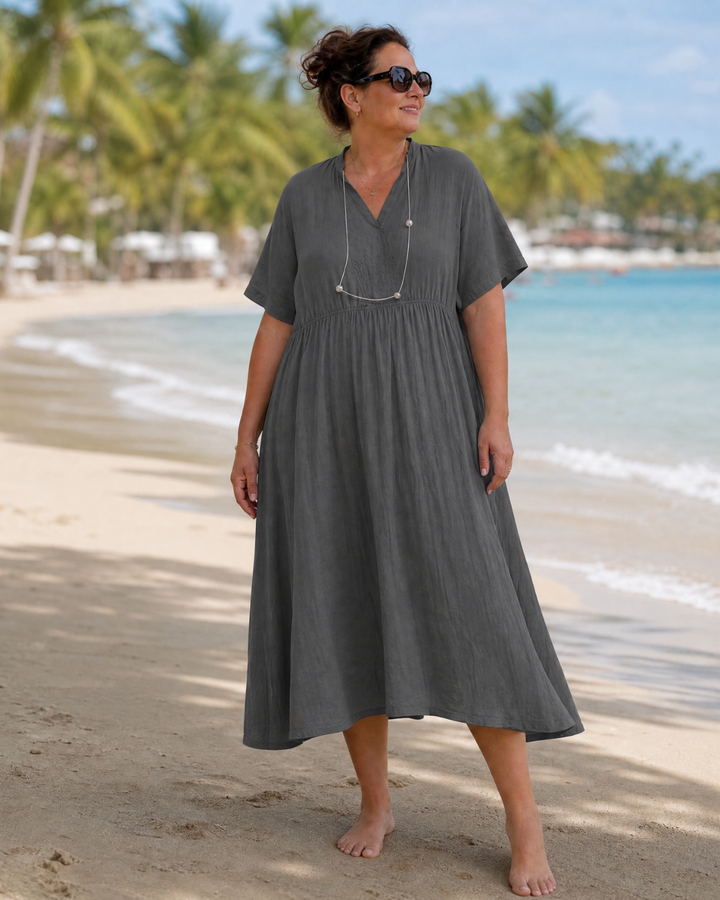 Maïlys — Robe longue à col V et taille froncée, coloris Gris anthracite