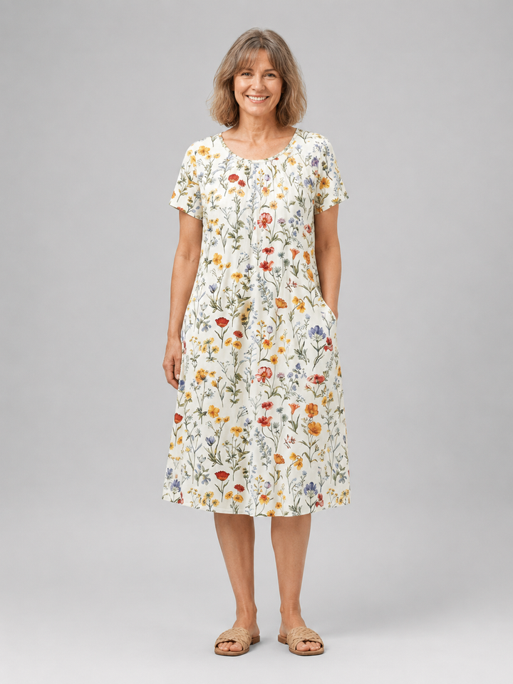 Mirabelle — Robe midi fleurie à poches, coloris Écru fleuri