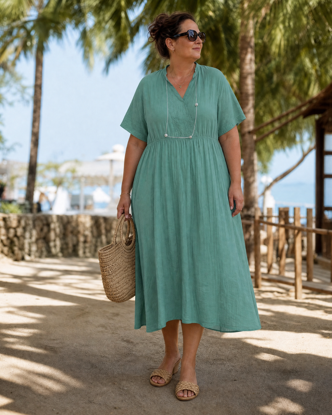Maïlys — Robe longue à col V et taille froncée, coloris Vert céladon
