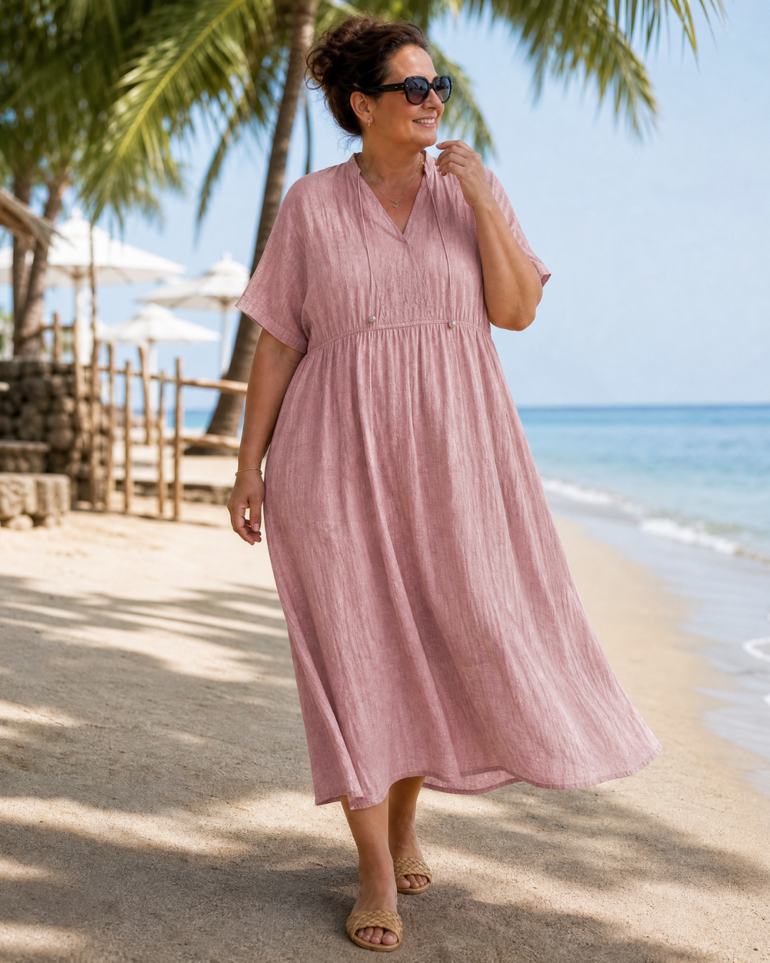 Maïlys — Robe longue à col V et taille froncée, coloris Vieux rose