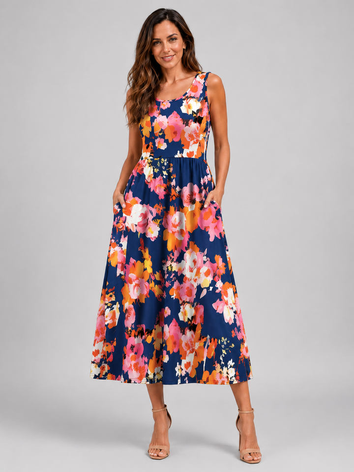 Ambre — Robe midi bohème à col licou, coloris Bleu marine fleuri