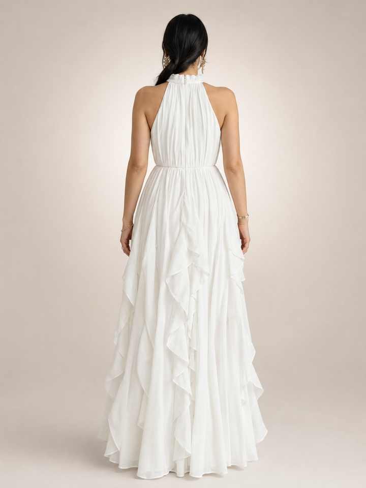 Séraphine — Robe longue à col licou et volants cascade