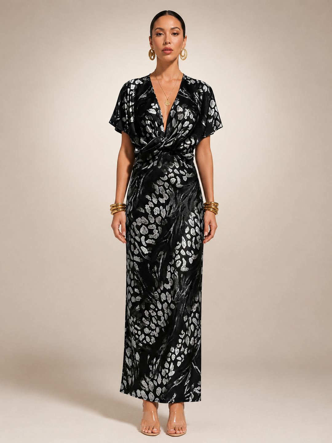 Calypso — Robe longue satinée à taille torsadée, coloris Noir et argent