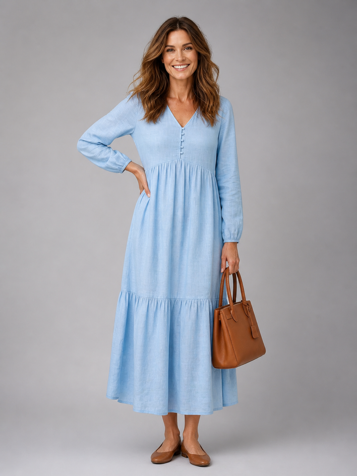 Claudine — Robe longue à col V boutonné et jupe étagée, coloris Bleu ciel