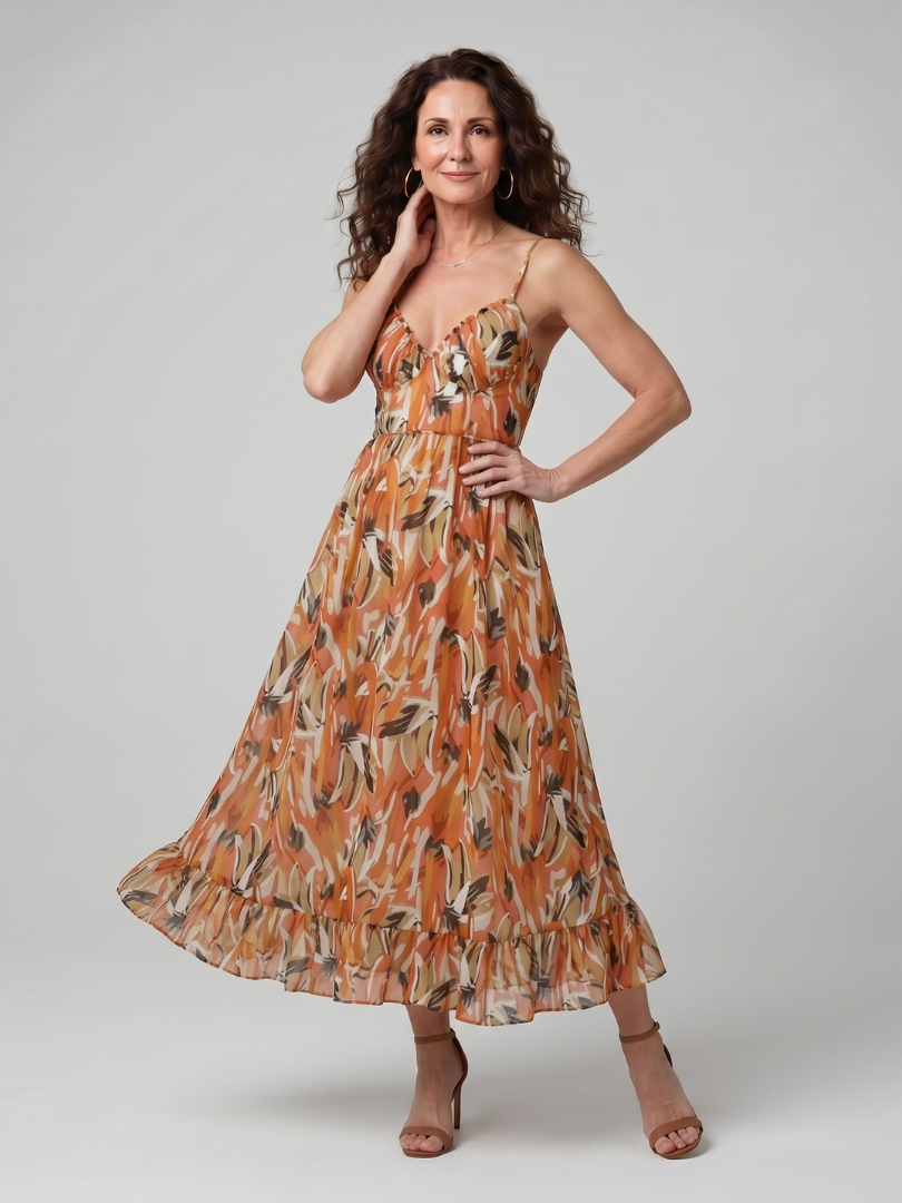 Ilona — Robe longue à fines bretelles et volant, coloris Orange et camel