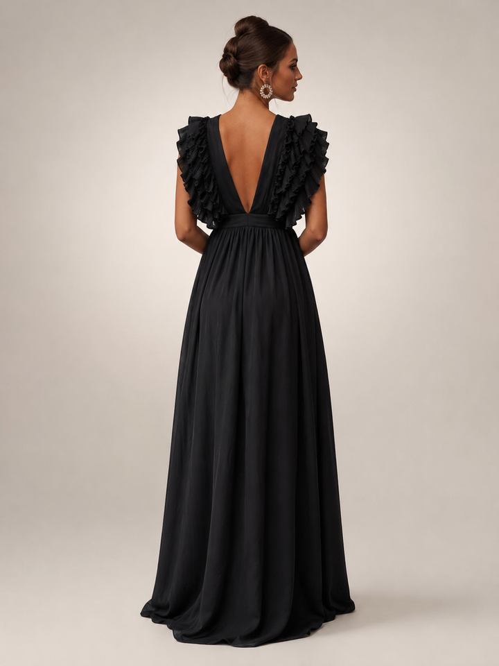 Géraldine — Robe longue dos nu à manches volantées