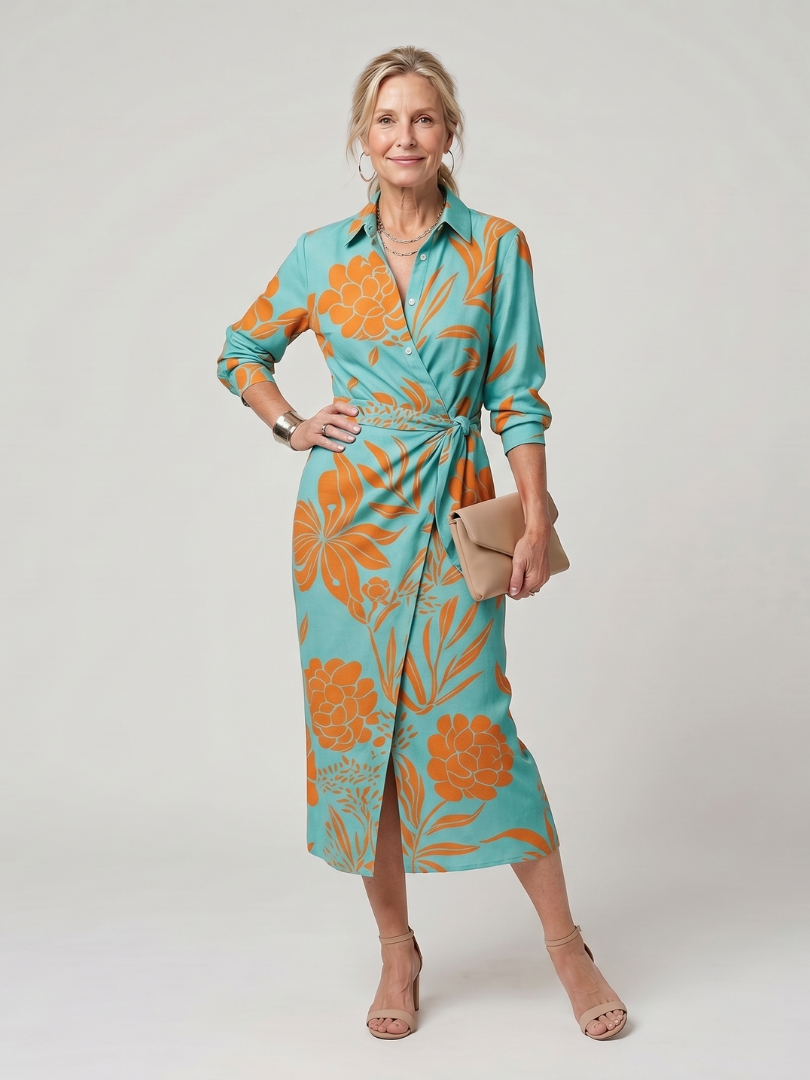 Nadège — Robe midi portefeuille à col chemise, coloris Turquoise et orange