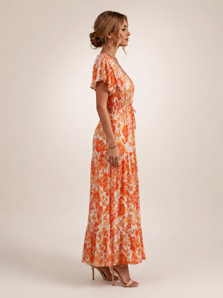 Dorothée — Robe longue à col V et volants