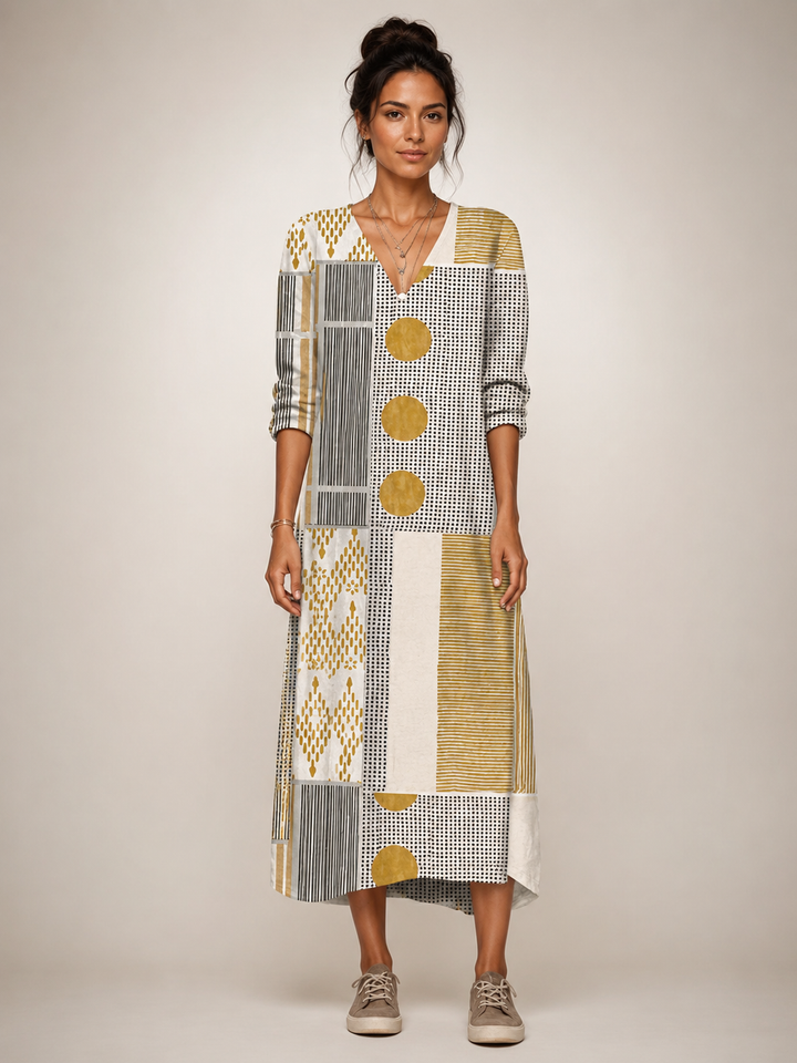 Clémentine — Robe longue patchwork à manches longues, coloris Ocre et gris