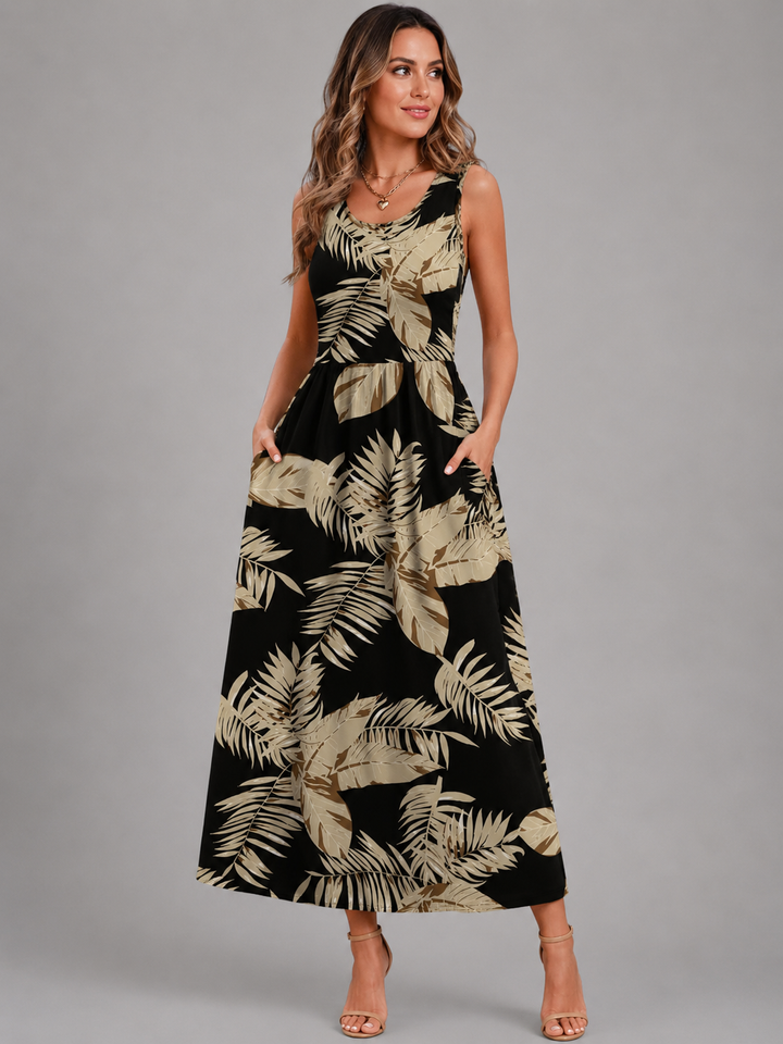 Ambre — Robe midi bohème à col licou, coloris Noir et beige tropical