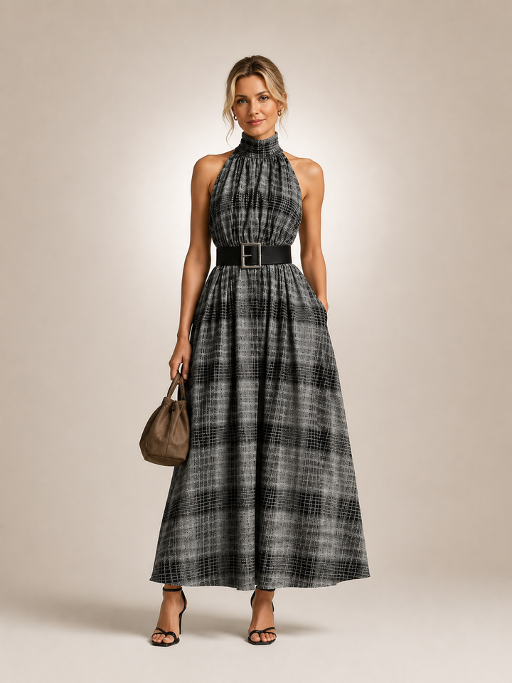 Edwige — Robe longue à carreaux, col montant et ceinture, coloris Gris