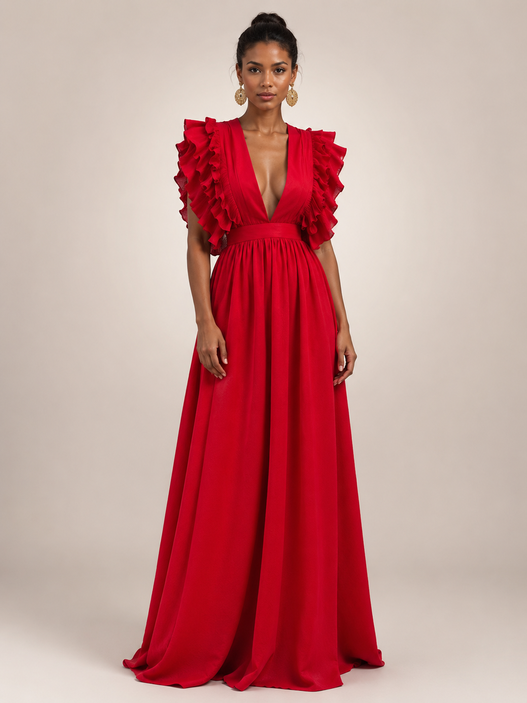 Géraldine — Robe longue dos nu à manches volantées, coloris Rouge